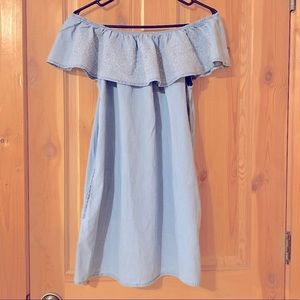 Chambray Ruffle Off The Shoulder Dress